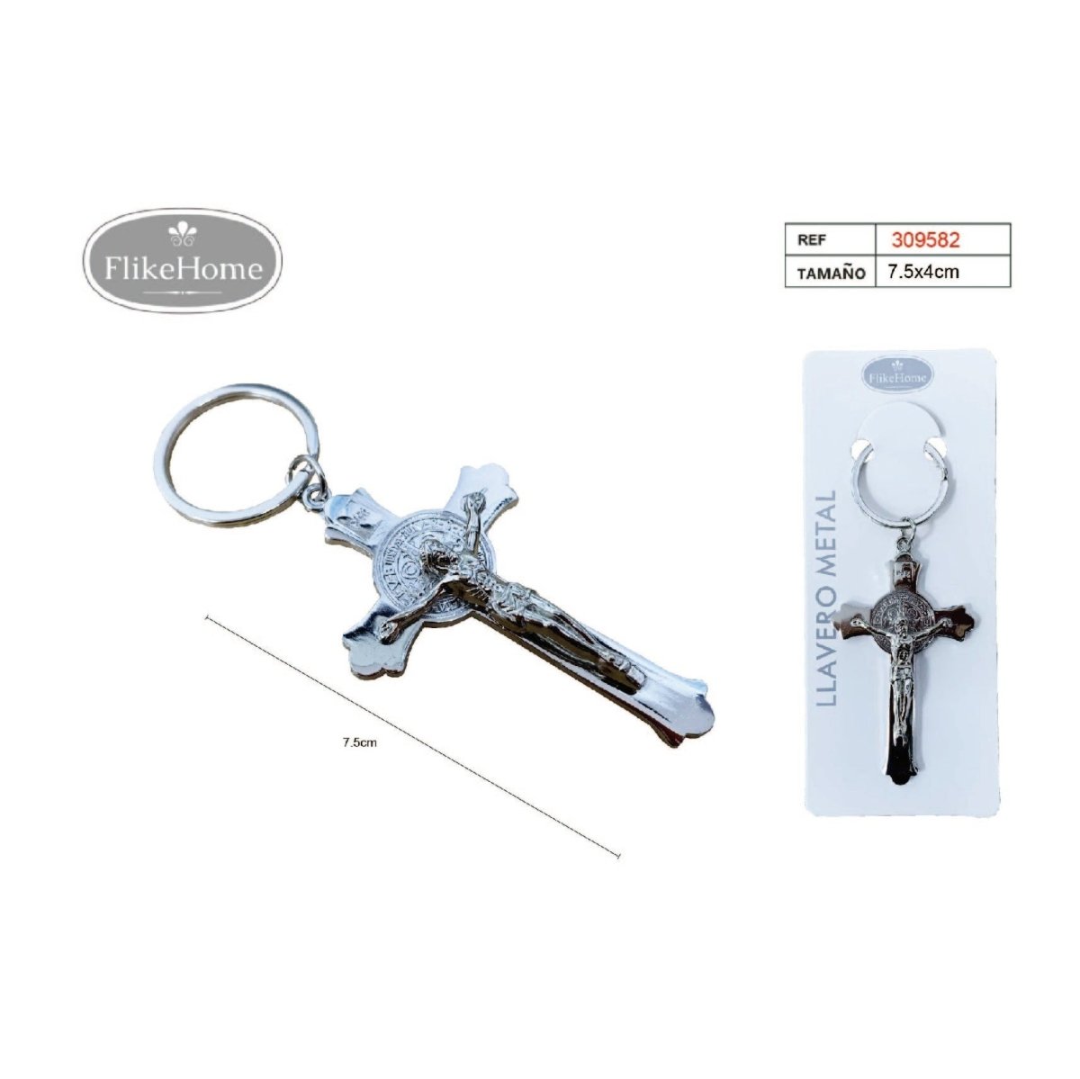 Flikehome - Llavero de metal Cruz 7.5x4.5cm - Pack 12 Unidades - FlikeHome - Detalles de Comunión - 309582X12 - Detalles de Bautizo/Baby Shower - Detalles de Boda - Detalles de Comunión