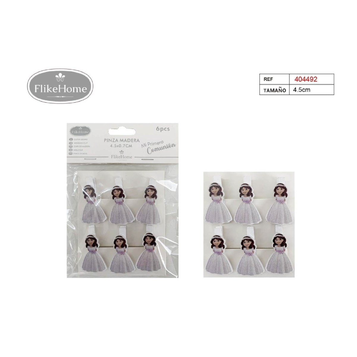 Flikehome - Pinzas madera Comunión 4.5cm 6pcs. - Pack 12 Blisters - FlikeHome - Detalles de Comunión - 404492X12 - Detalles de Comunión -