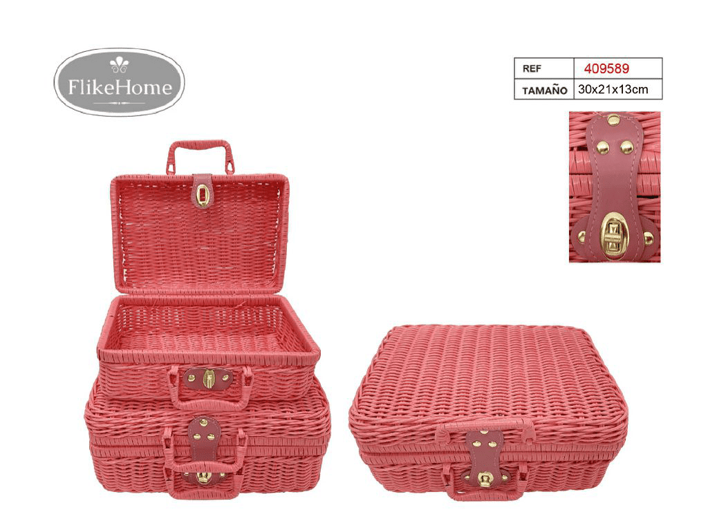 Set 2 maletas de mimbre PVC (30x21x13 cm) - FlikeHome - Caja Regalo - 409589X1_Rosa - Caja regalo - Mimbre -