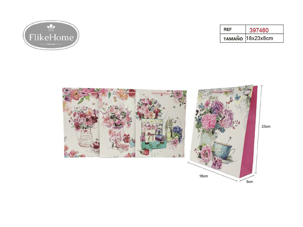 Bolsa de Regalo de Papel Flores (VARIOS TAMAÑOS DISPONIBLES) - Pack 12 Uds. - FlikeHome - Bolsa Regalo - 397480X12 - Bolsa Regalo - 
