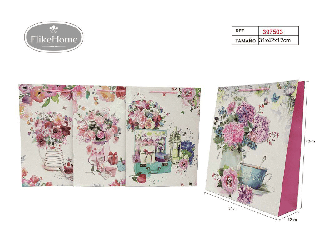 Bolsa de Regalo de Papel Flores (VARIOS TAMAÑOS DISPONIBLES) - Pack 12 Uds. - FlikeHome - Bolsa Regalo - 397503X12 - Bolsa Regalo - 