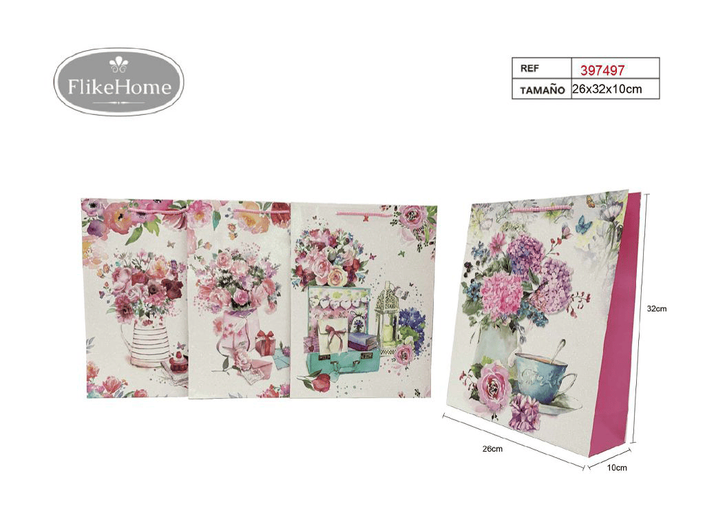 Bolsa de Regalo de Papel Flores (VARIOS TAMAÑOS DISPONIBLES) - Pack 12 Uds. - FlikeHome - Bolsa Regalo - 397497X12 - Bolsa Regalo - 