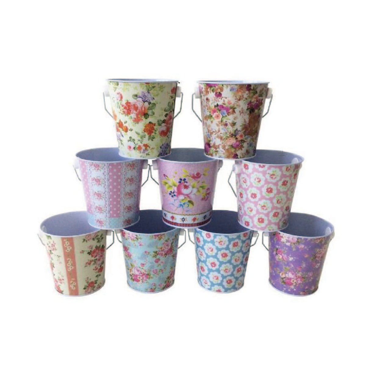 Cubo de Metal con Diseño Flores (10x11 cm) - Pack 24 Uds - FlikeHome - Cubo Metal - 721440X24 - Cubo Metal - Maceta metal - 
