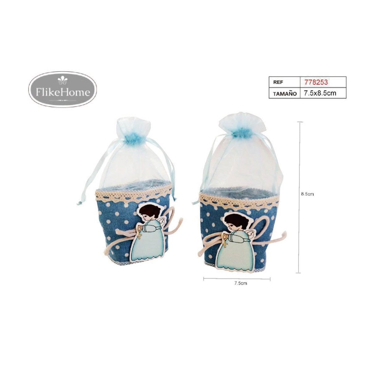 Flikehome - Bolsa de textil/organza Comunión azul 8.5x7.5cm - Pack 12 Unidades - FlikeHome - Detalles de Comunión - 778253X12 - Detalles de Comunión - 