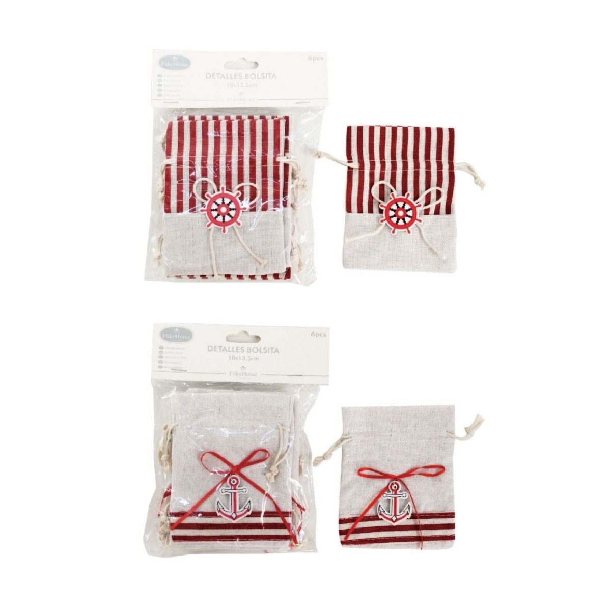 Flikehome - Bolsa de yute Marinera 6 pcs. 13.5x10cm - Pack 12 Blisters - FlikeHome - Detalles de Bautizo/Baby Shower - 773678X12 - Detalles de Bautizo/Baby Shower - Detalles de Boda - Detalles de Comunión