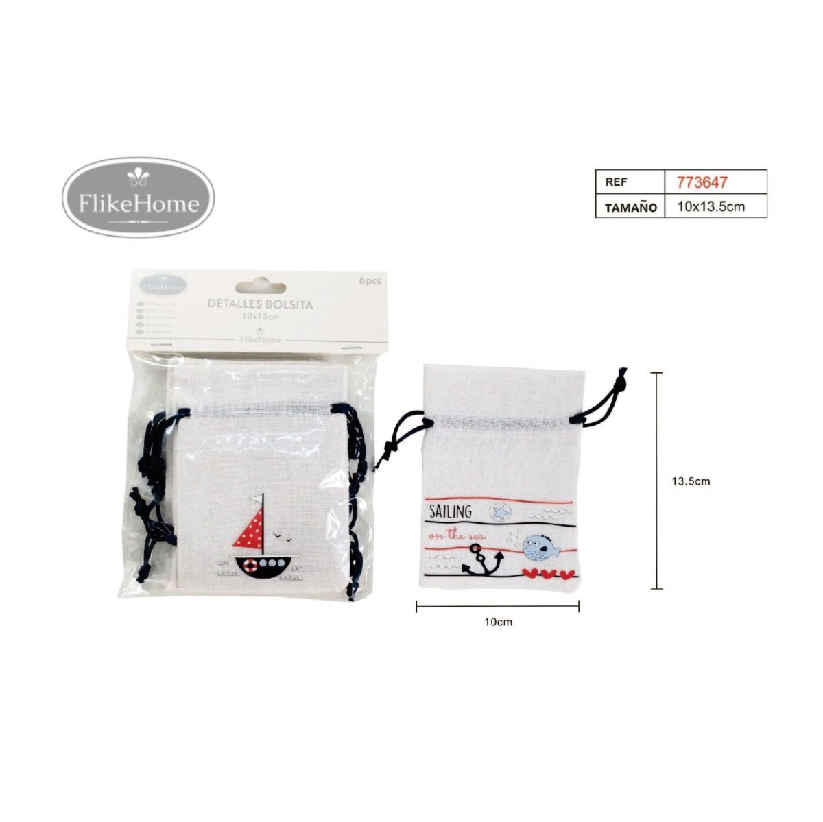 Flikehome - Bolsa de yute Marinera 6 pcs. 13.5x10cm - Pack 12 Blisters