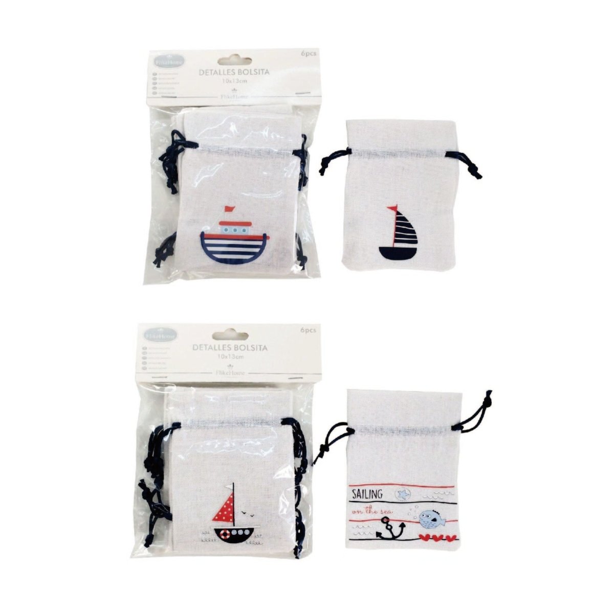 Flikehome - Bolsa de yute Marinera 6 pcs. 13.5x10cm - Pack 12 Blisters - FlikeHome - Detalles de Bautizo/Baby Shower - 773647X12 - Detalles de Bautizo/Baby Shower - Detalles de Boda - Detalles de Comunión