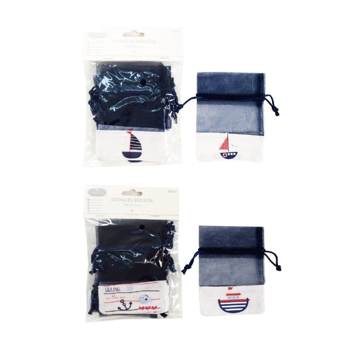 Flikehome - Bolsa de yute/organza Marinera 6 pcs. 13.5x10cm - Pack 12 Blisters - FlikeHome - Detalles de Bautizo/Baby Shower - 773623X12 - Detalles de Bautizo/Baby Shower - Detalles de Boda - Detalles de Comunión