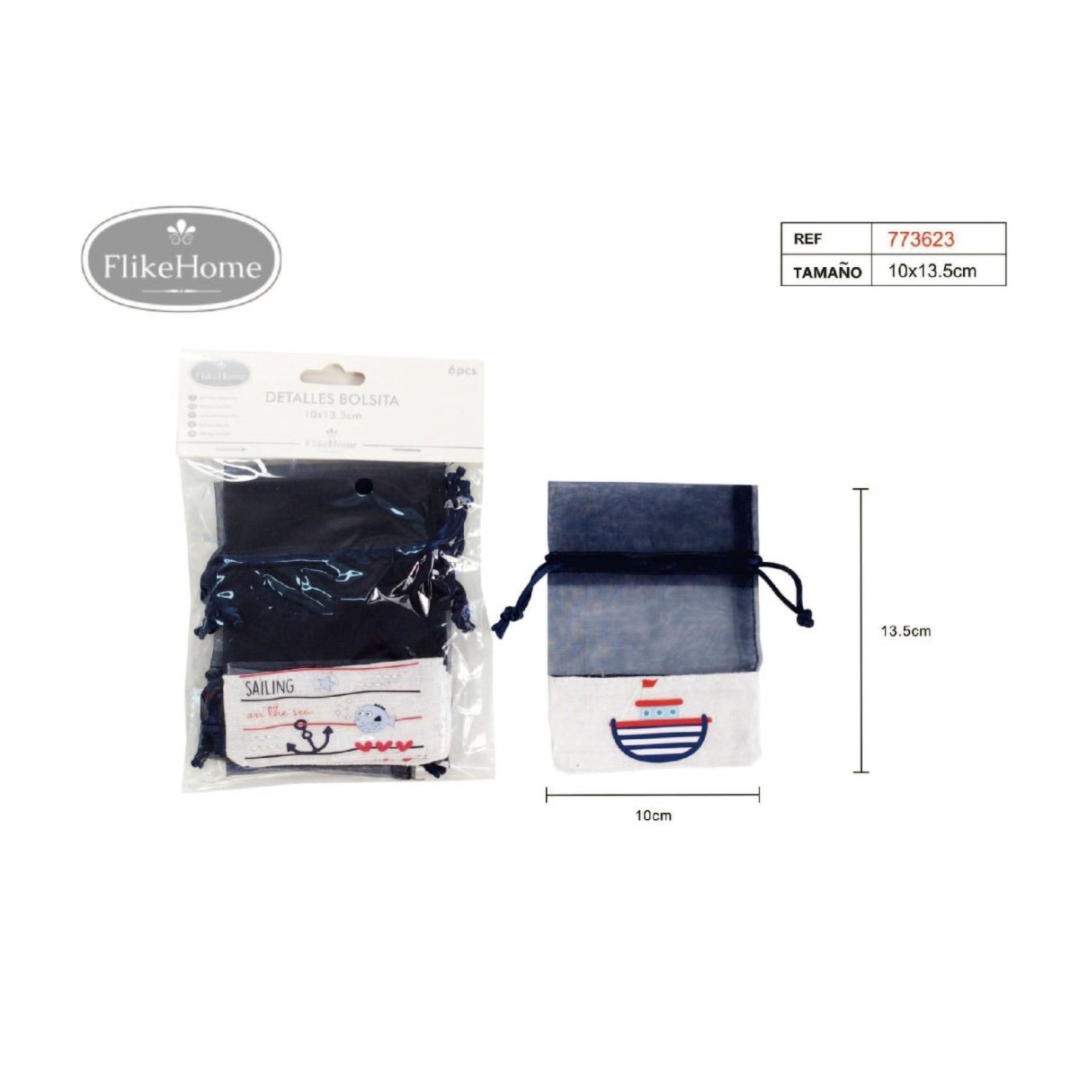 Flikehome - Bolsa de yute/organza Marinera 6 pcs. 13.5x10cm - Pack 12 Blisters