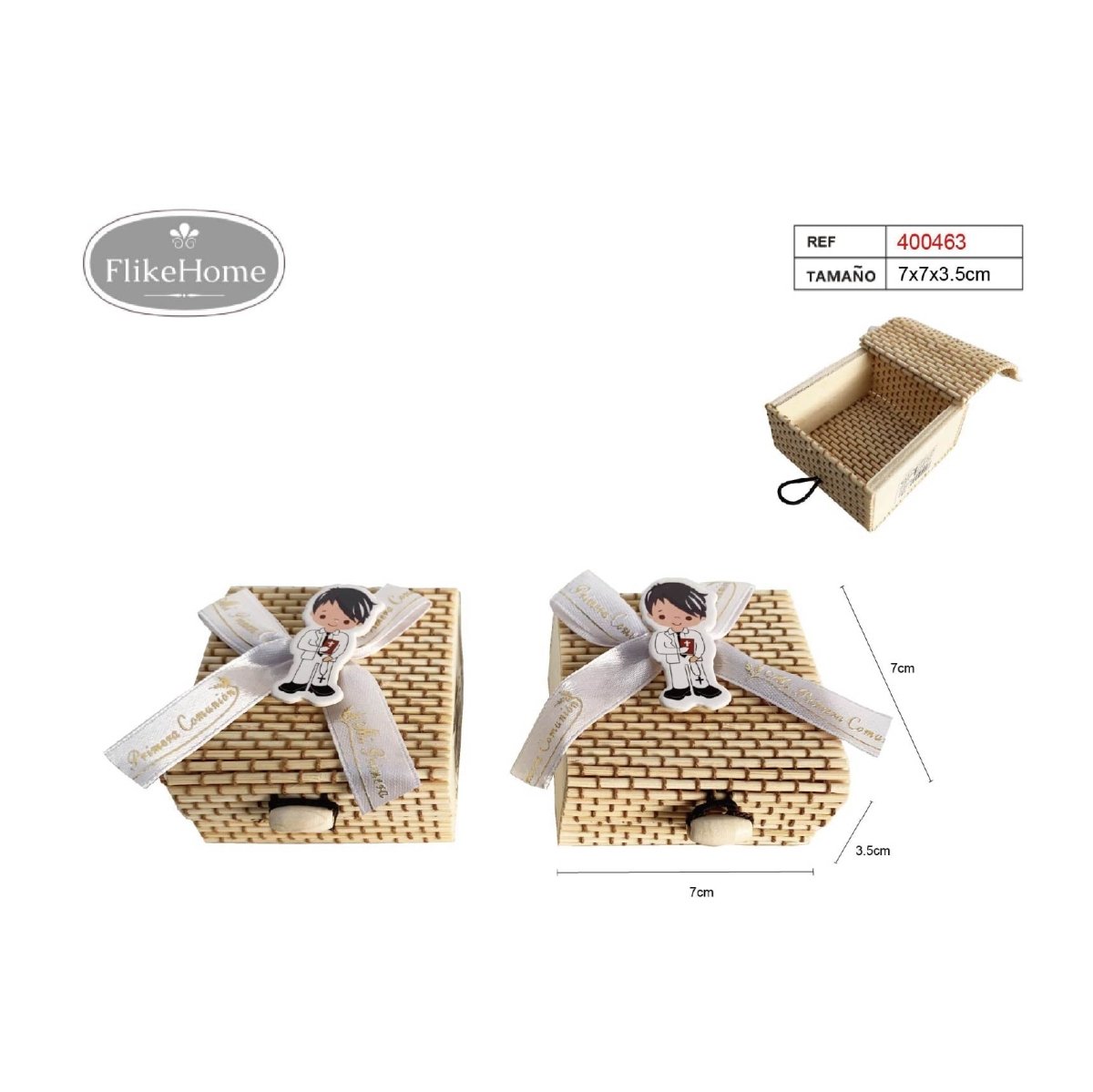 Flikehome - Caja de mimbre Comunión 7x7x3.5cm- Pack 12 Unidades