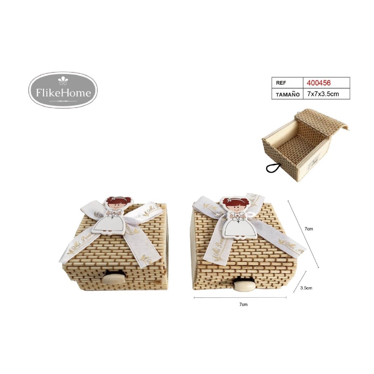 Flikehome - Caja de mimbre Comunión 7x7x3.5cm - Pack 12 Unidades - FlikeHome - Detalles de Comunión - 400456X12 - Detalles de Comunión - 