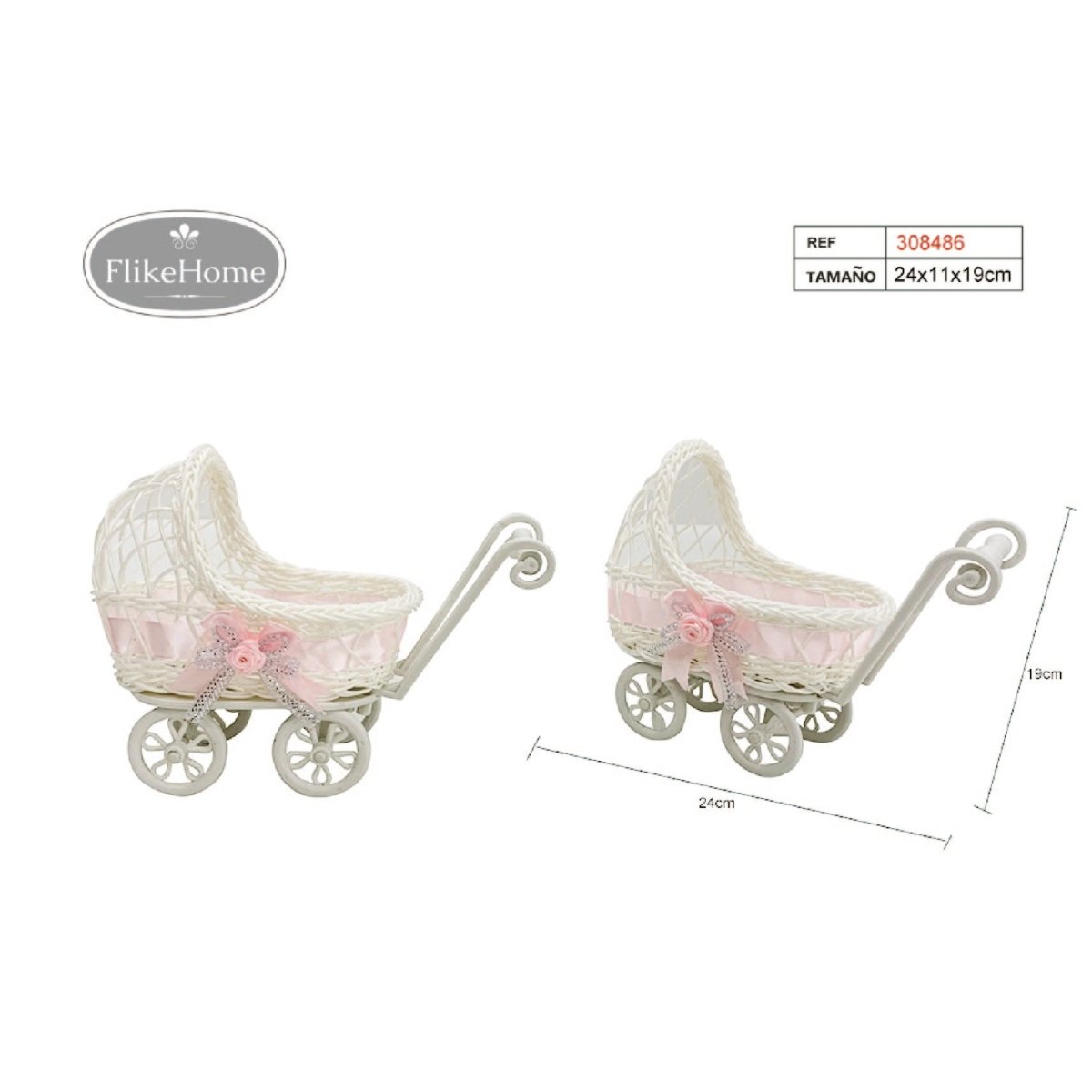 Flikehome - Cesta en forma de Carrito de Bebé 24x11x19cm - Pack 6 Unidades - FlikeHome - Detalles de Bautizo/Baby Shower - 308486X6 - Detalles de Bautizo/Baby Shower - 