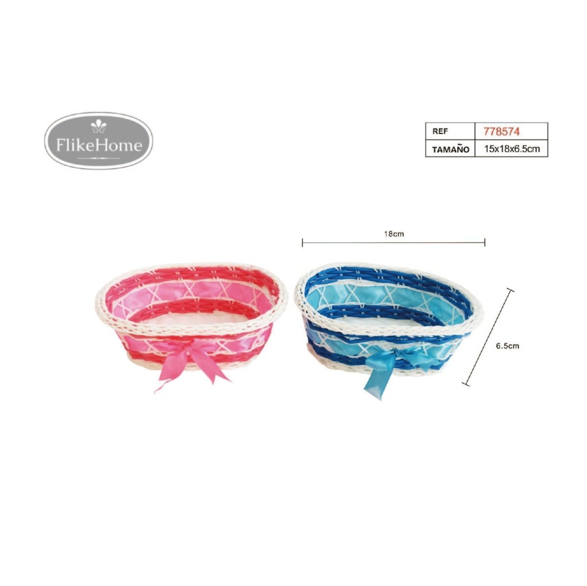 Flikehome - Cesta plástico con lazo 18x15x6.5cm - Pack 12 Unidades - FlikeHome - Detalles de Bautizo/Baby Shower - 778574X12 - Detalles de Bautizo/Baby Shower - Detalles de Boda - Detalles de Comunión