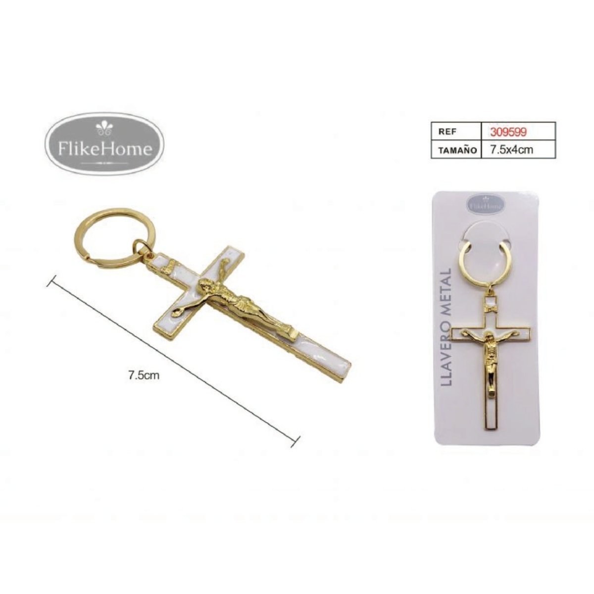 Flikehome - Llavero de metal Cruz 7.5x4.5cm - Pack 12 Unidades - FlikeHome - Detalles de Comunión - 309599X12 - Detalles de Bautizo/Baby Shower - Detalles de Boda - Detalles de Comunión