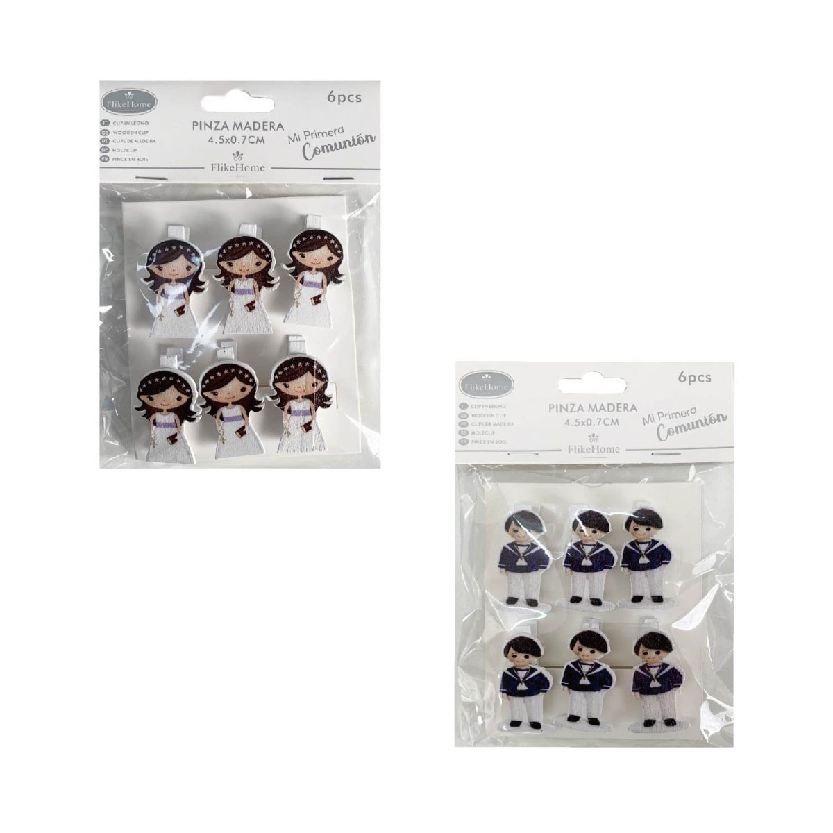 Flikehome - Pinzas madera Comunión 4.5cm 6pcs. - Pack 12 Blisters - FlikeHome - Detalles de Comunión - 404508X12 - Detalles de Comunión - 