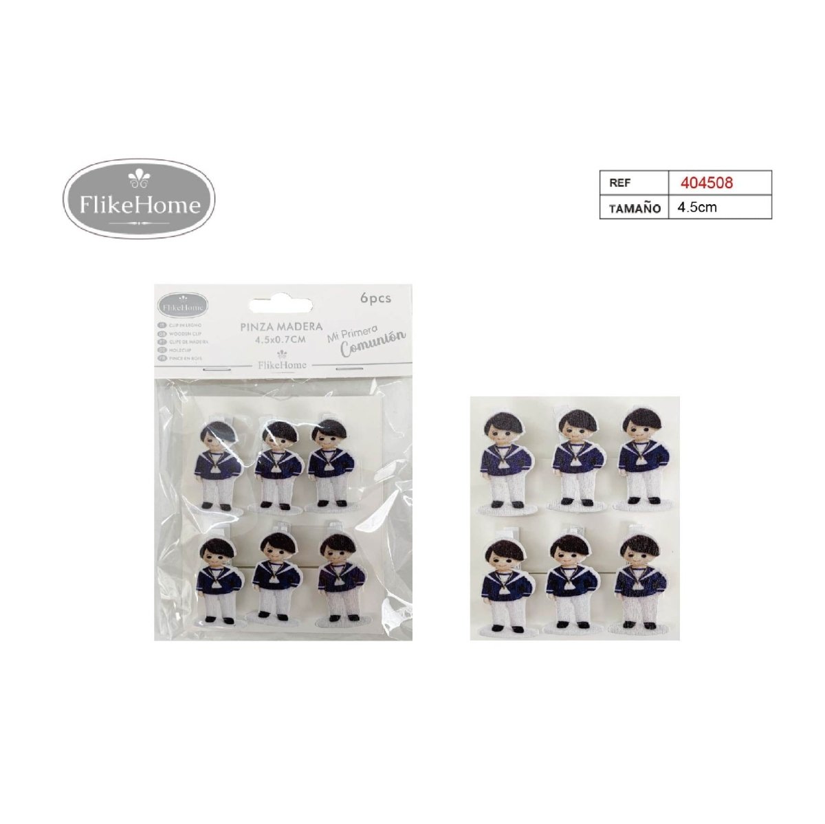 Flikehome - Pinzas madera Comunión 4.5cm 6pcs. - Pack 12 Blisters