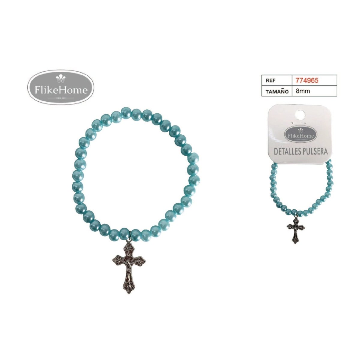 Flikehome - Pulsera de perlas sintéticas azul Comunión 8mm - Pack 12 Unidades