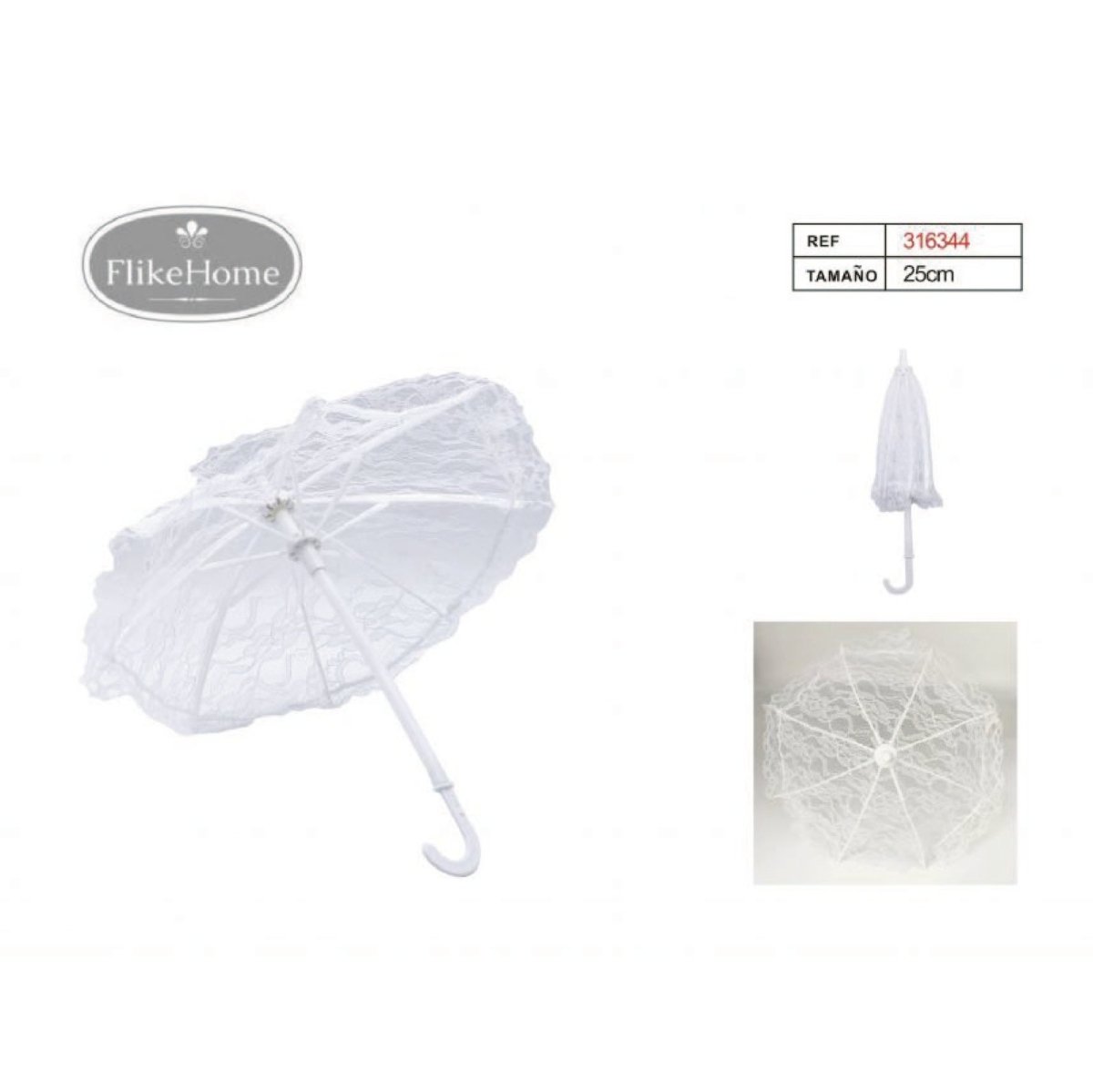 Flikehome - Sombrilla de encaje blanco para Eventos 25cm - Pack 12 Unidades - FlikeHome - Detalles de Comunión - 316344X12 - Detalles de Comunión - 